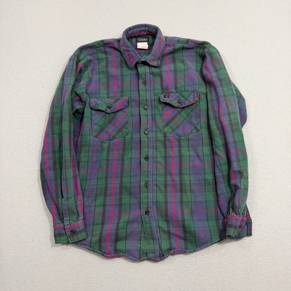 Vintage Codet Flannel Shirt Medium Green Plaid Long Sleeve USA 90s Distressed